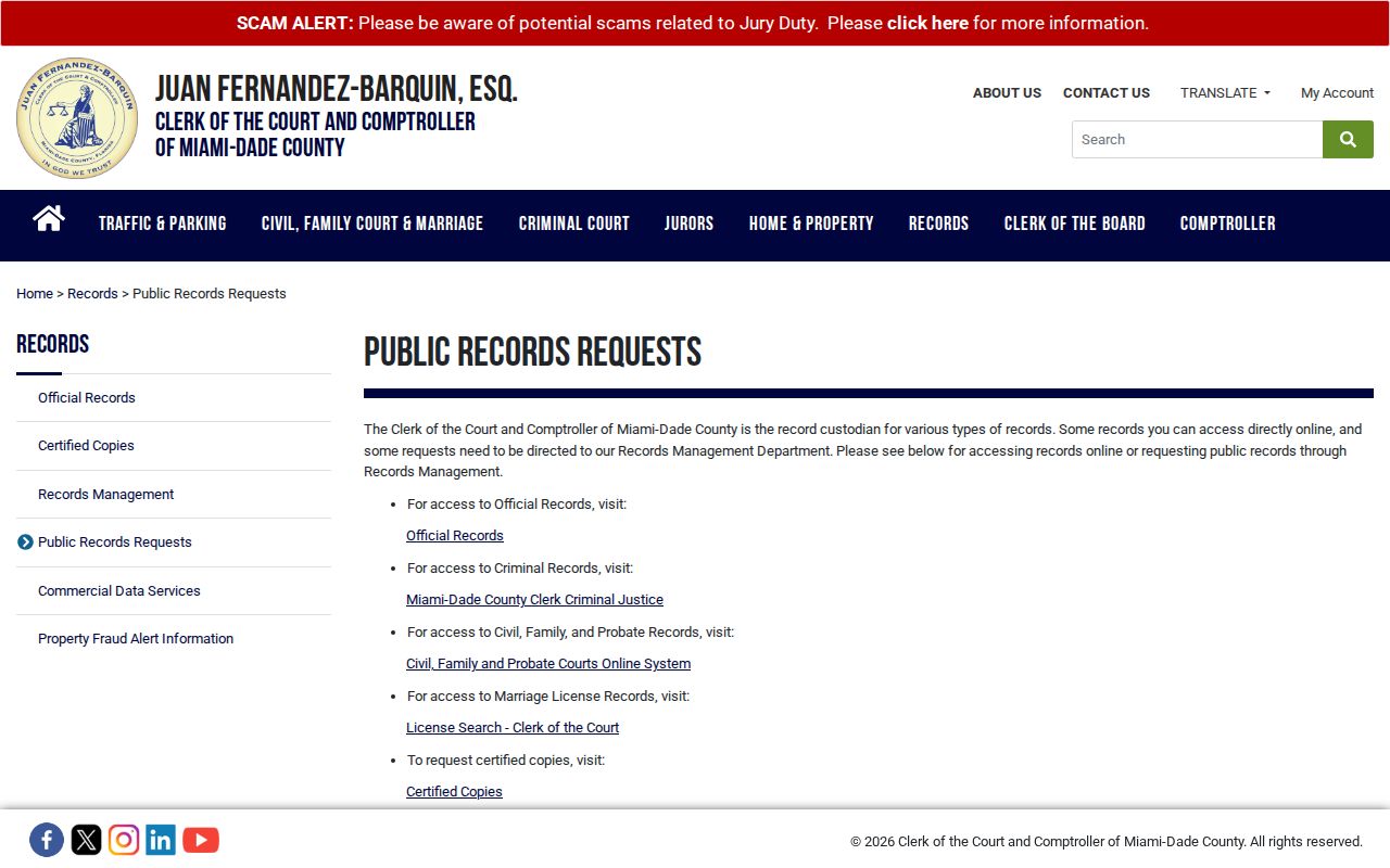 Miami-Dade Clerk public records request page for older address research