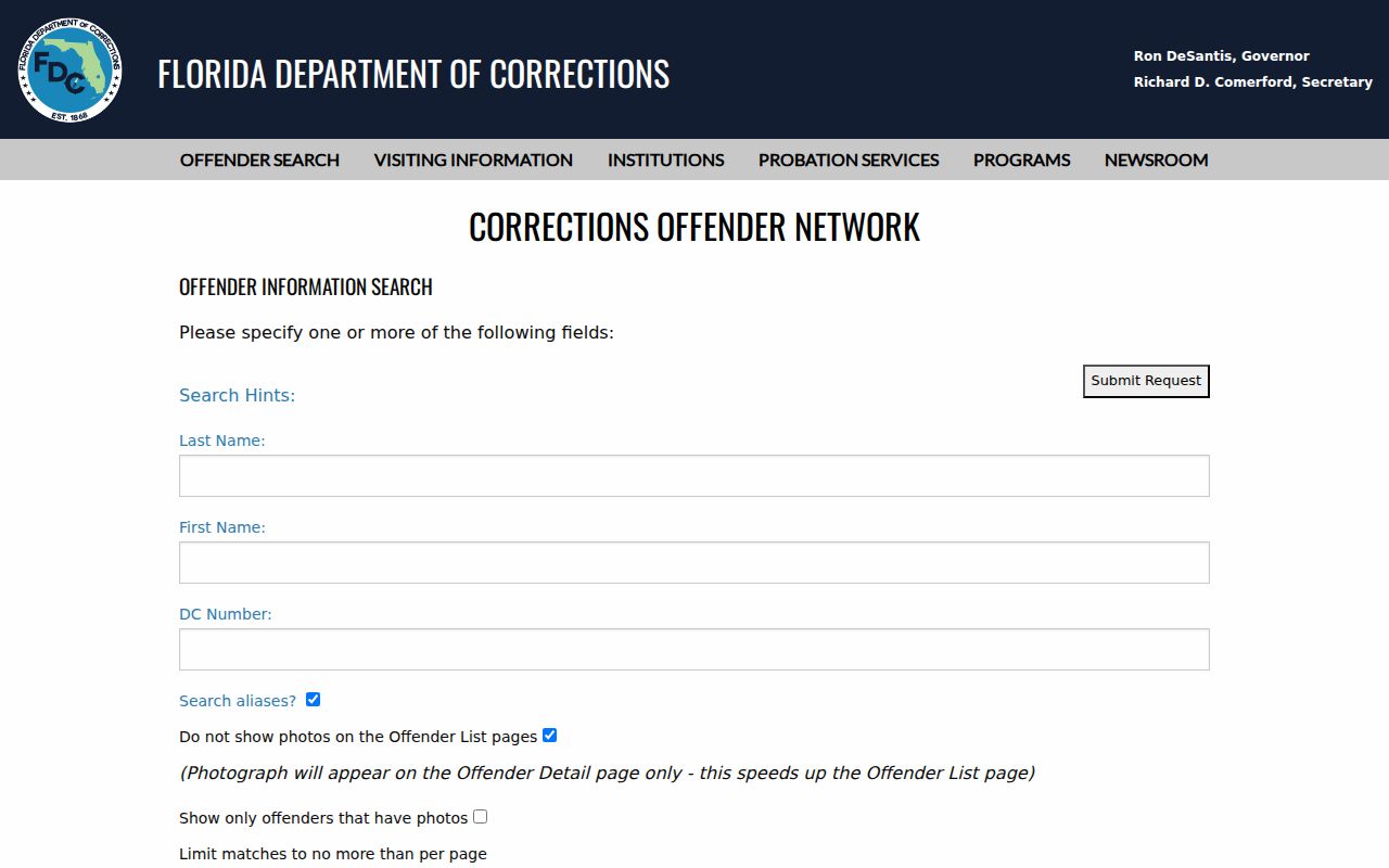 Florida Department of Corrections official search for a documented former resident lead